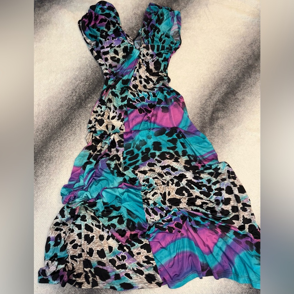 Unbranded Teal Purple Animal Print Jersey Knot‎ Maxi Dress XS X Small 0 2 (A8)